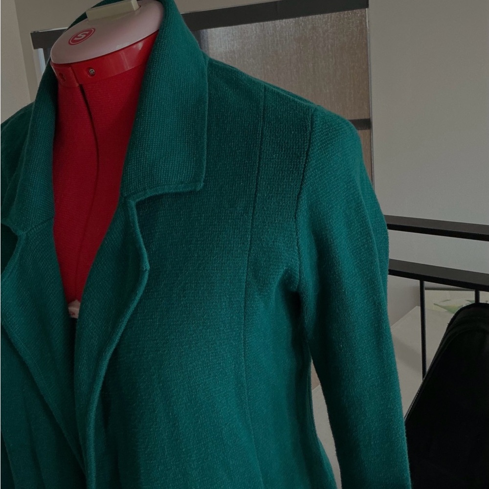 Chico’s Long All Cotton Emerald green S Knit Sweater coat blazer with pockets !